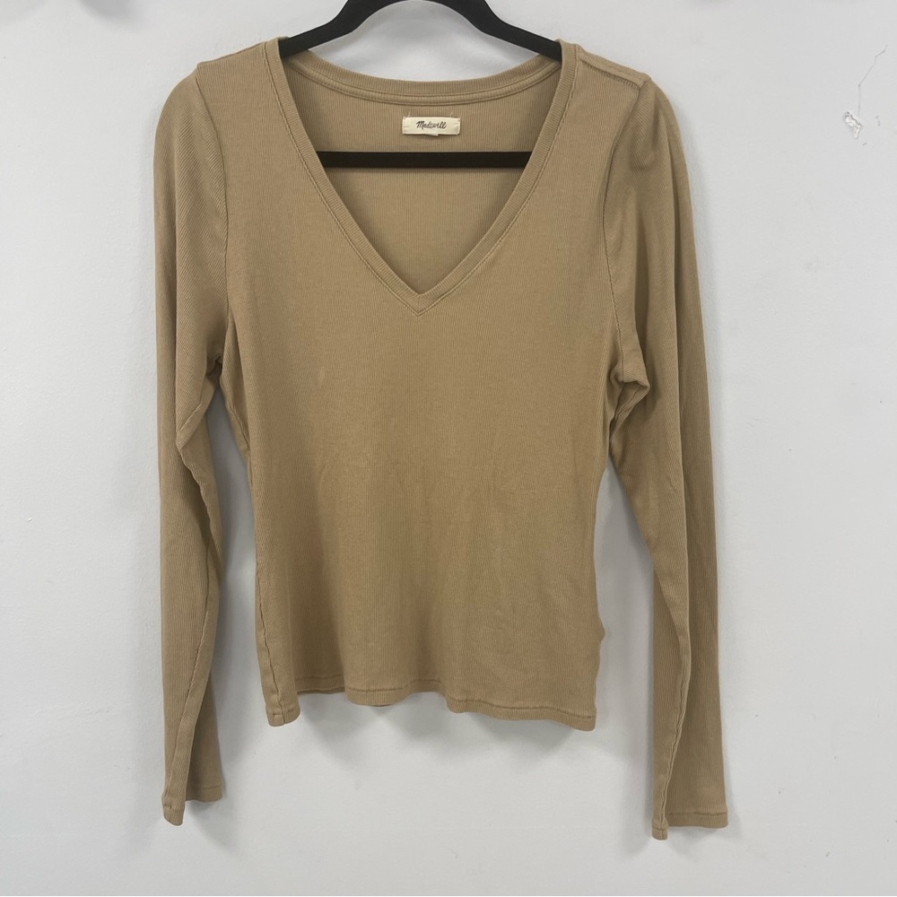 Madewell Brightside Finerib V-Neck Long-Sleeve Tee in Khaki - XL - Like New